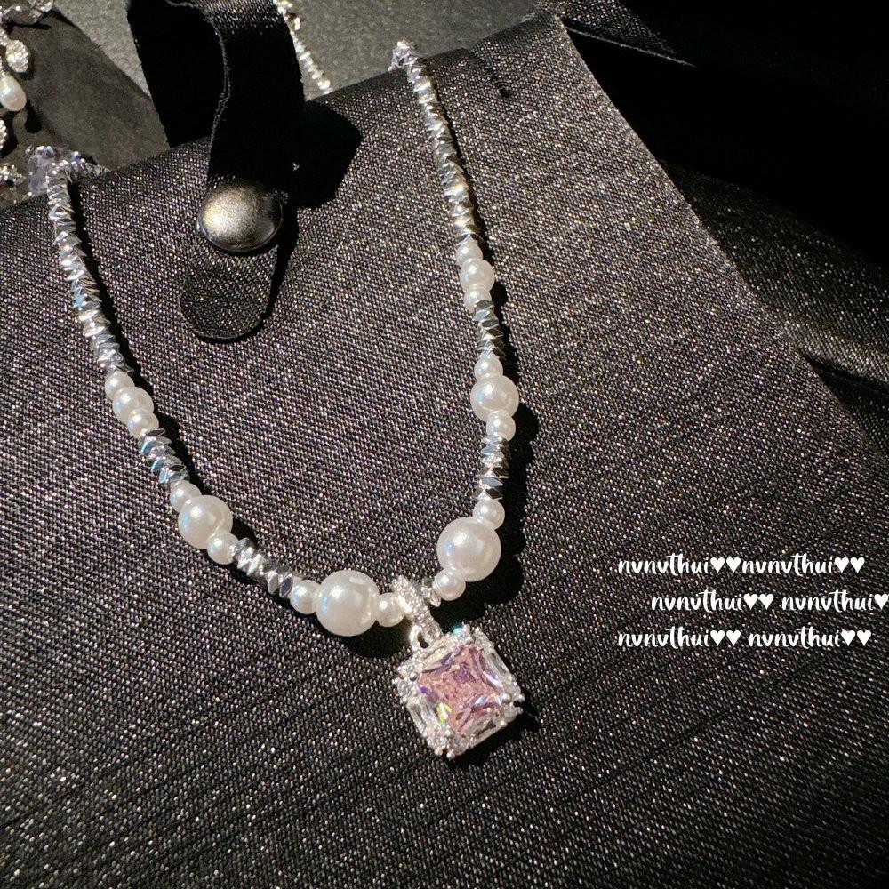 Flower Fairy Sugar Cube Gem Pearl Shredded Silver Necklace, Papalacha, Argyle Pink Flower Zircon Earrings