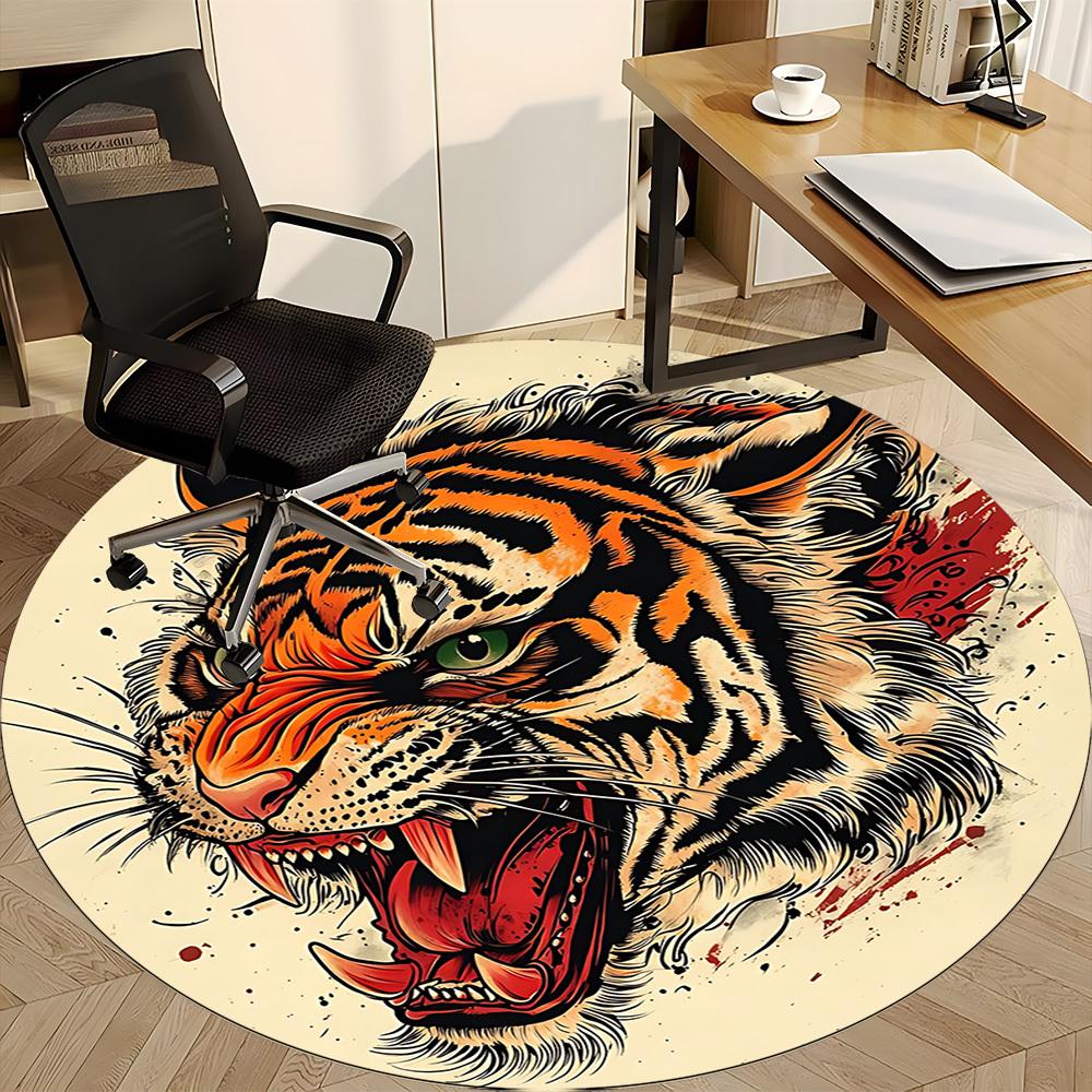 1pc Tiger Head Design Chair Carpet for Office, Round Non-Slip Durable Large Size Office Carpet, Suitable for Office, Beautiful Decoration