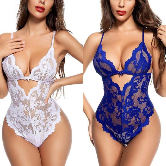 Women Sexy Bodysuit Low-cut Backless Sleeveless Thin See-through Lace Deep V Neck Flower Embroidery Spaghetti Strap Skinny Lady Wedding Night Playsuit