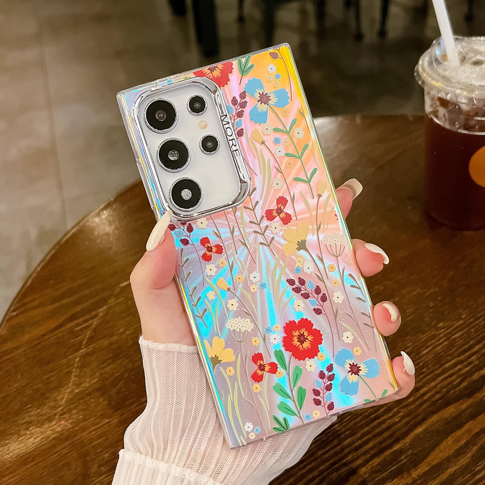 

For Samsung Galaxy S22 Ultra 5G Slim Case Flower Pattern Electroplated Laser Effect Phone Cover AH3