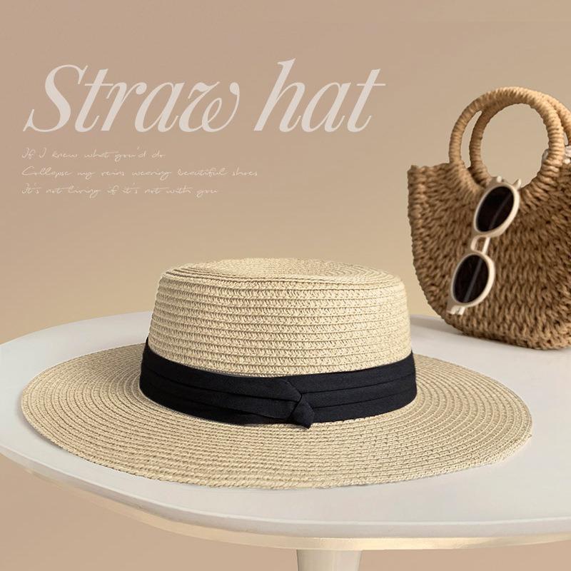 Flat top sunshade straw hat women's straw hat casual wind summer sun protection seaside vacation photo beach hat
