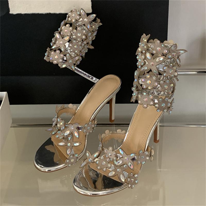 Fashion Eilyken Sexy Flower Crystal Rhinestone Pointed Toe Women Sandals Street Style Ankle Strap Banquet Wedding Thin High Heels Shoes