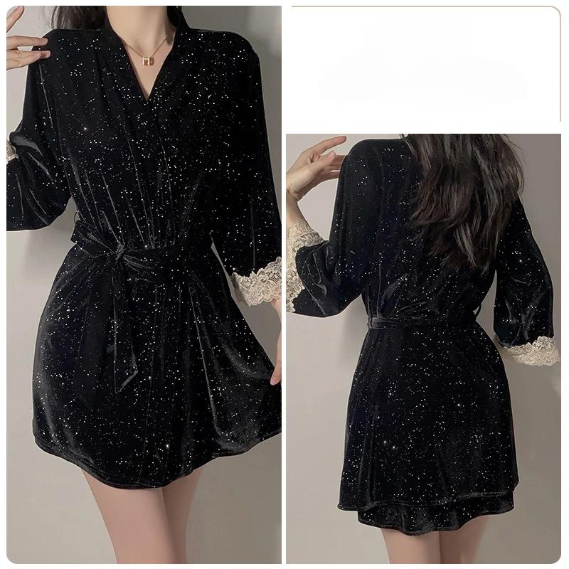 Silver Fine Glitter Velvet Suspender Pajamas Women's Nightgown Lace Sexy Pajamas with Chest Pad Set