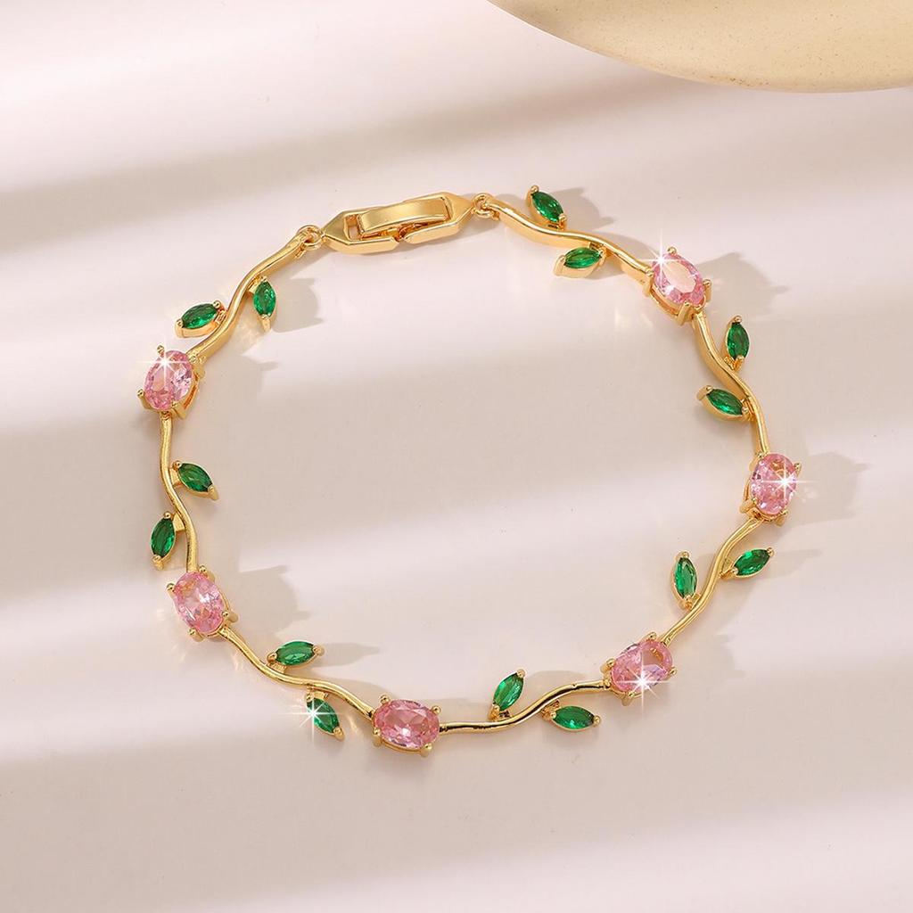 Bracelet Feuille Plaqué Or avec Incrustations de Zircon Hachuré et de Diamant