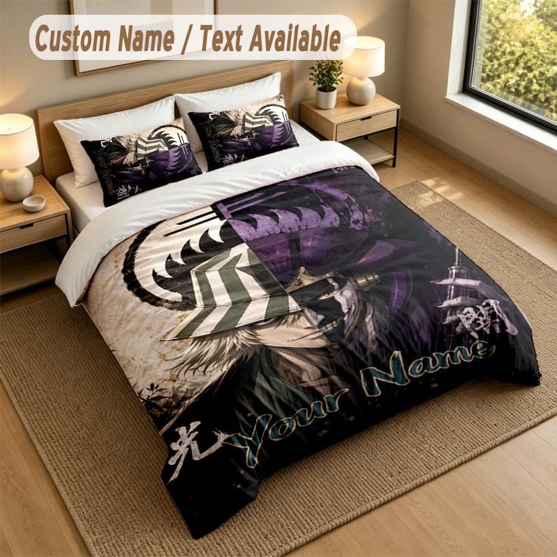3-teiliges Bettwäsche-Set mit individuellem Namen/Text, 1 Bettbezug, 2 Kissenbezüge, Heim-Bettdekoration Bleach Anime