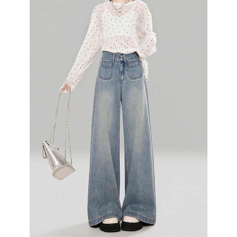 

Женские ретро светло-голубые джинсы с высокой посадкой, микро-клеш, широкие штанины, весна/осень 2025, свободные брюки в пол на двойной пуговице 3XL светло-синий