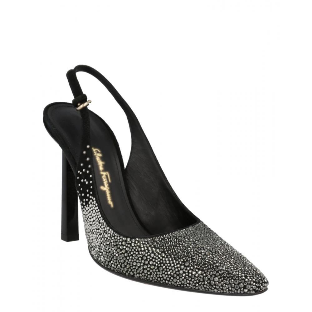 Salvatore Ferragamo Jessie Crystal Embellished Slingback Pumps Black Silver