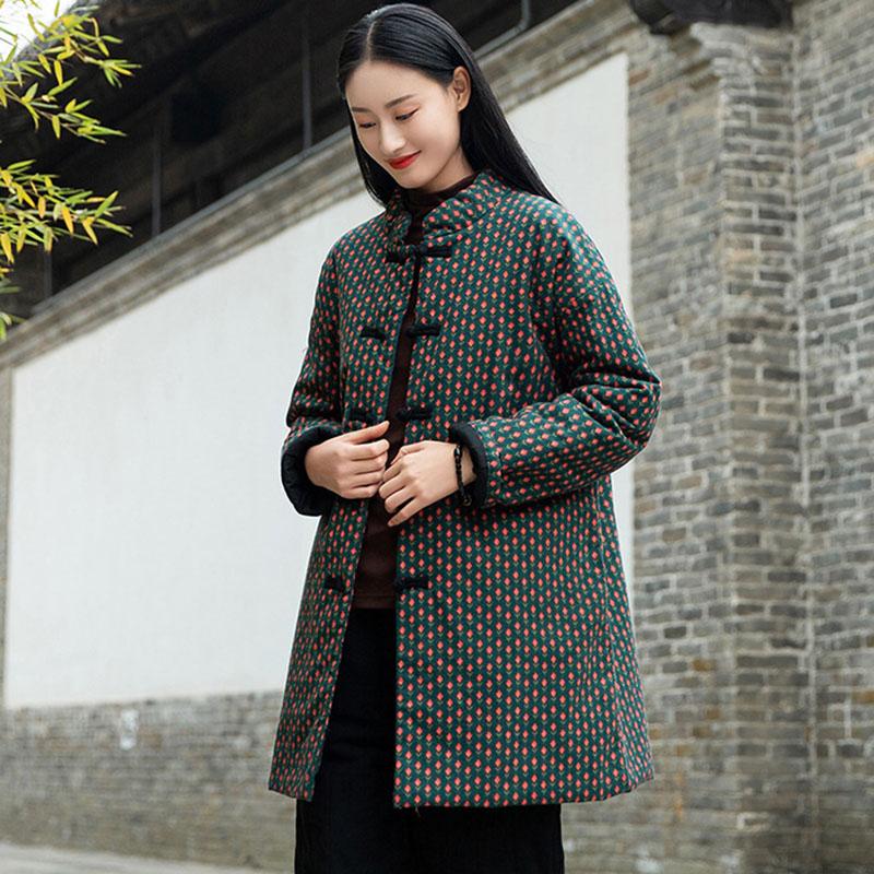 Johnature Women Clothing Vintage Stand Long Sleeve Print Floral Coats Winter Chinese Style Coats