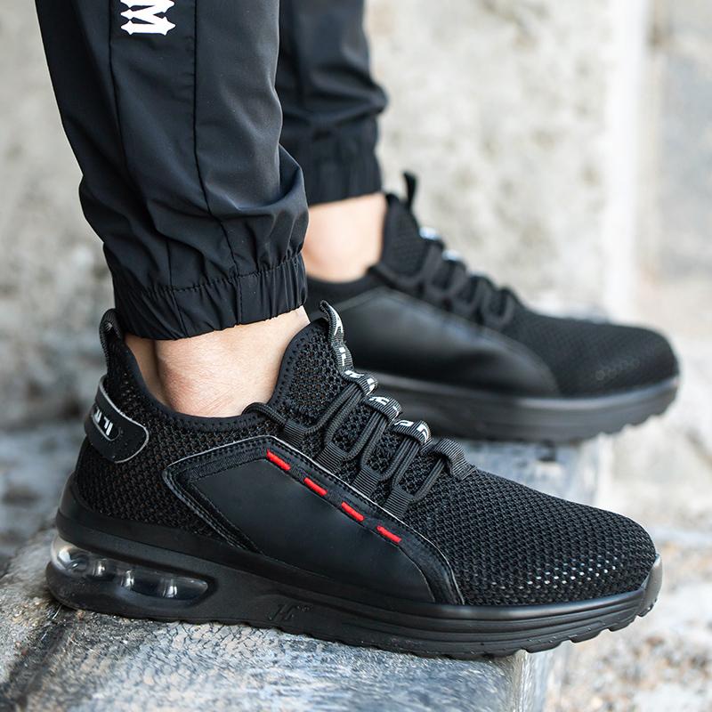 Fashion Black Summer Mesh Safety Shoes Air Cushion Breathable Lightweight Steel Toe Work Shoes Protection Work Safety Sneakers For Men