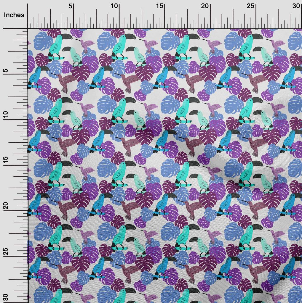 oneOone Cotton Flex Aqua Blue Fabric Tropical Floral with Birds Fabric for Sewing Printed Craft Fabric by The Yard 40 Inch