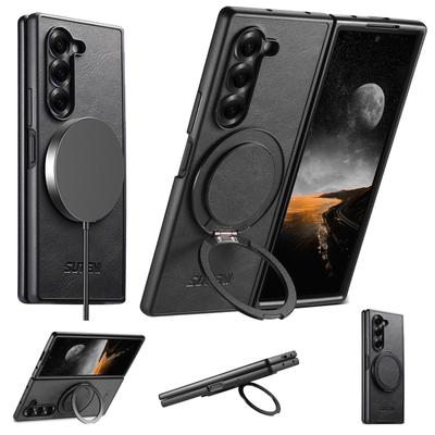Funda de Carga Inalámbrica Magnética para Samsung Z Fold7/6/5 con Anillo Giratorio de 360° y Acabado en Cuero
