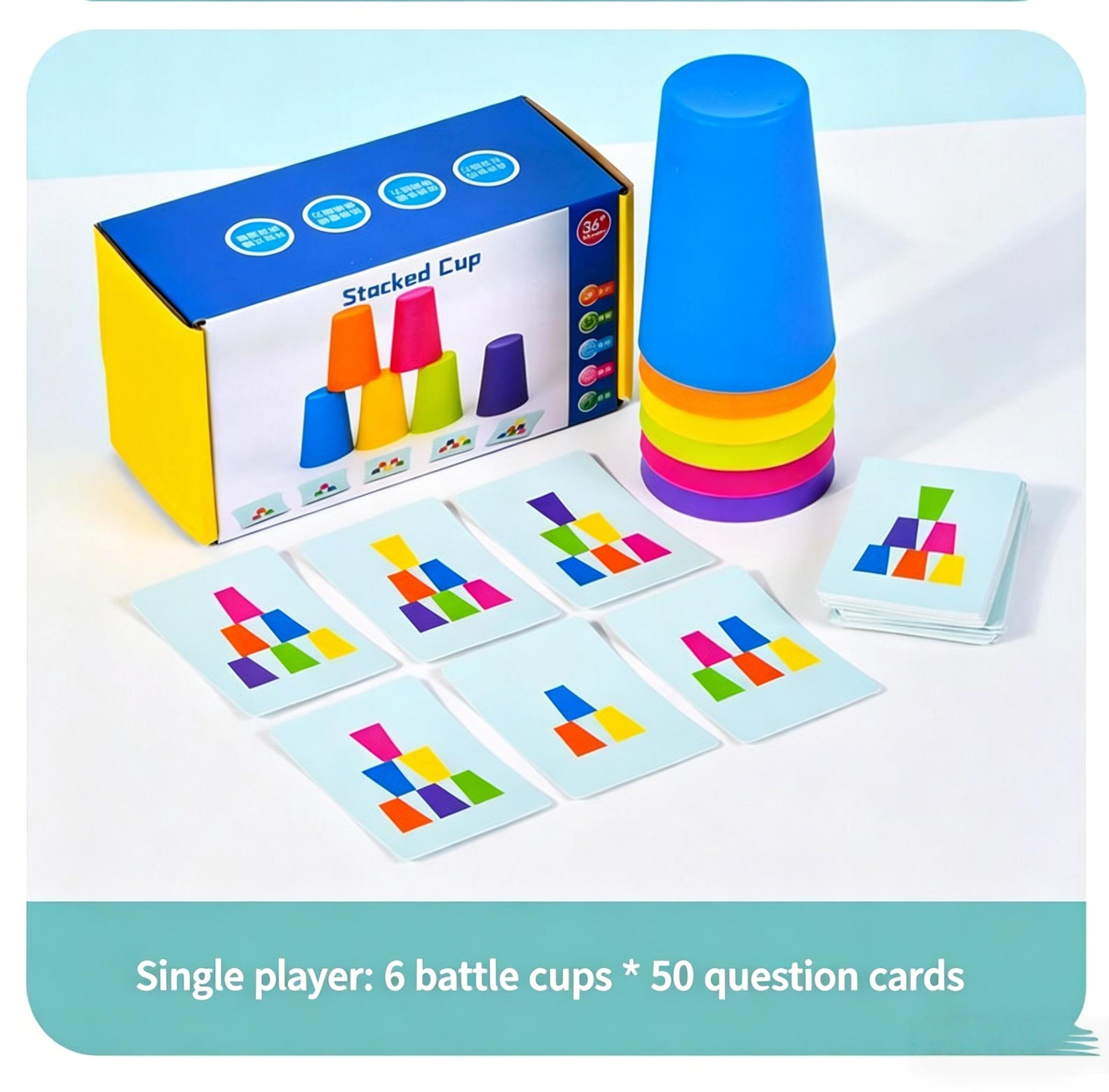 Stacked Cup Battle Game, Speed Stacking Cups with Bell & 50 Challenge Cards, Family Board Game for 2 Players