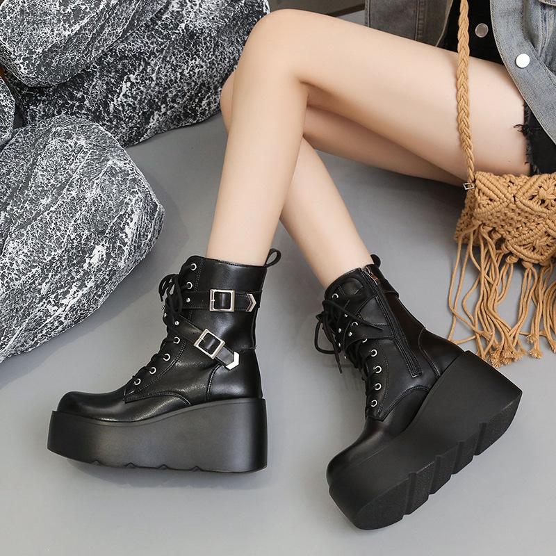 New European and American large-size punk style handsome platform short women's boots slope heel knight boots women