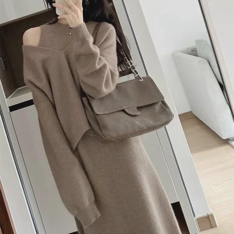 2024 Winter Fashion: V-Neck Long Sleeve Knit Sweater Dress & Casual Two-Piece Set