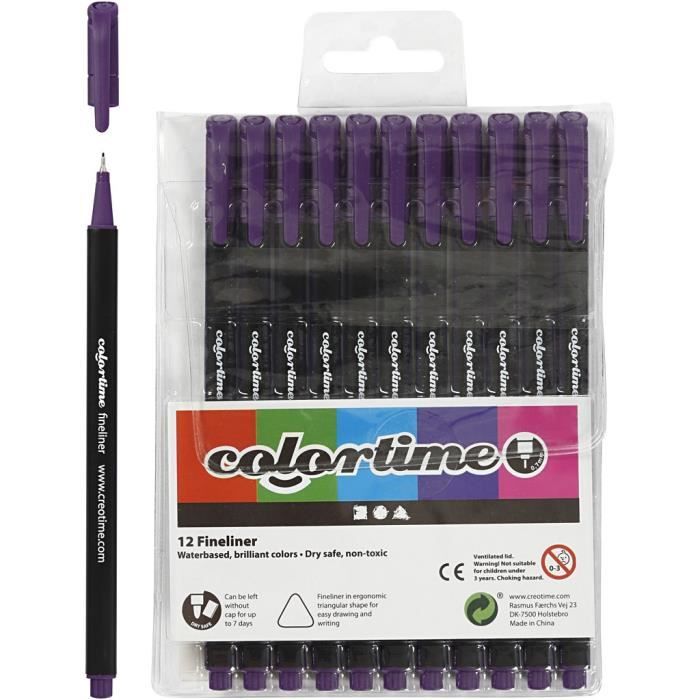 Stylos Fineliner - Colortime - Violet - 12 pièces - Épaisseur 0,6-0,7 mm - Encre à base d'eau