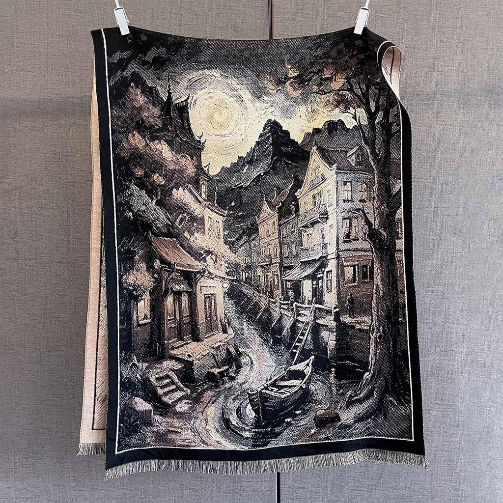 185*68cmWinter Retro Oil Painting Print Cashmere Feel Pashmina Women Outdoor Warm Large Shawls Wraps Tassels Lady Bufanda Poncho