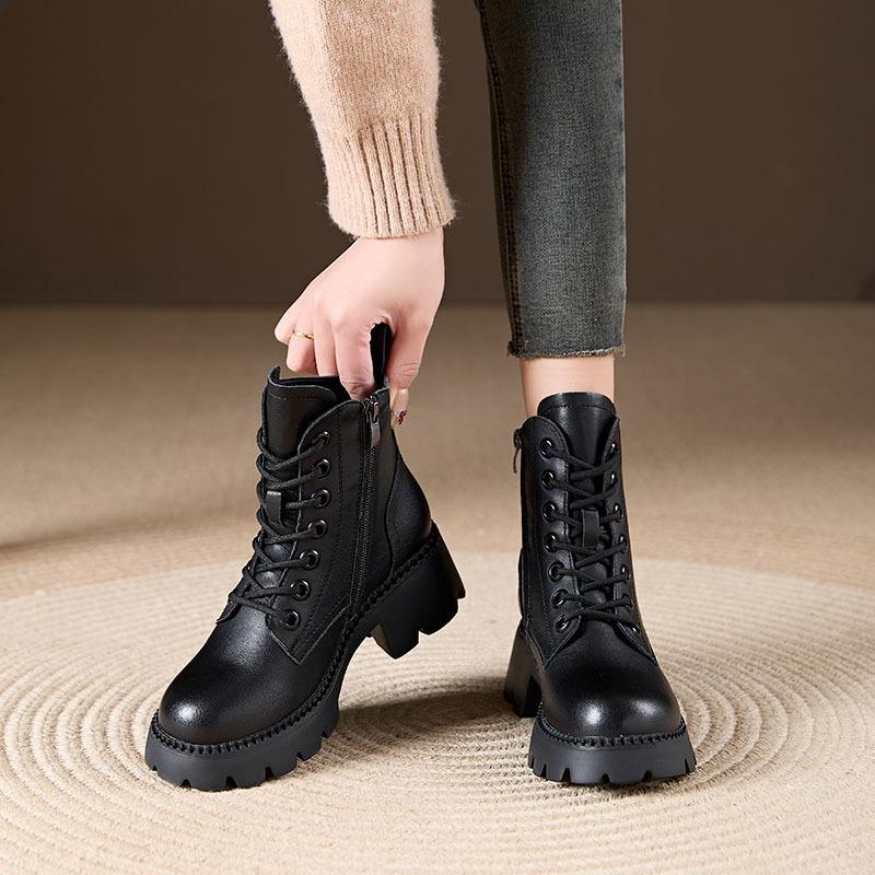 Thick-soled Martin Boots Women's New Autumn and Winter Boots Leather High-heeled Velvet Short Boots