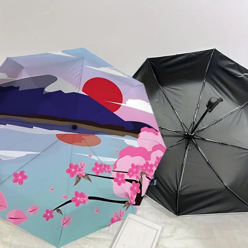 1pc Mount Fuji Cherry Blossoms Automatic Folding Umbrella 8 Rib Iron Frame,  Suitable for Travel, Daily Use, Birthday, Women & Men Gift C1231051