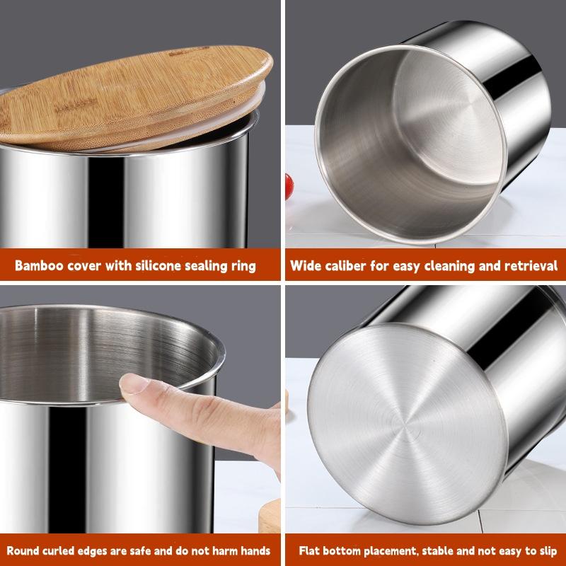 304 Stainless Steel Sealed Jar,Candy Jar,Grain Coffee Beans Storage Jar,Kitchen Snack Food Jar,Bamboo Wood Lid Sealed Tank