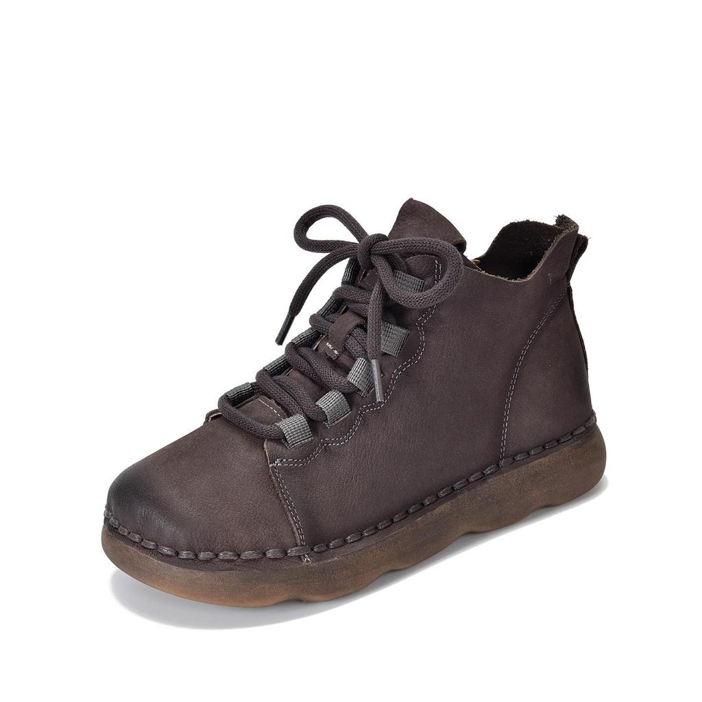 Johnature Scarpe da Donna in Vera Pelle Morbida Pelle Bovina Punta Rotonda Retro Stivaletti Bassi Piatti con Suola Morbida
