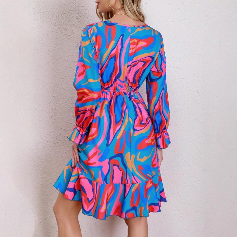 Damen Sommer Neu Rüschen Langarm Freizeit Locker Urlaubsstil Patchwork Farbe Kurzes Kleid