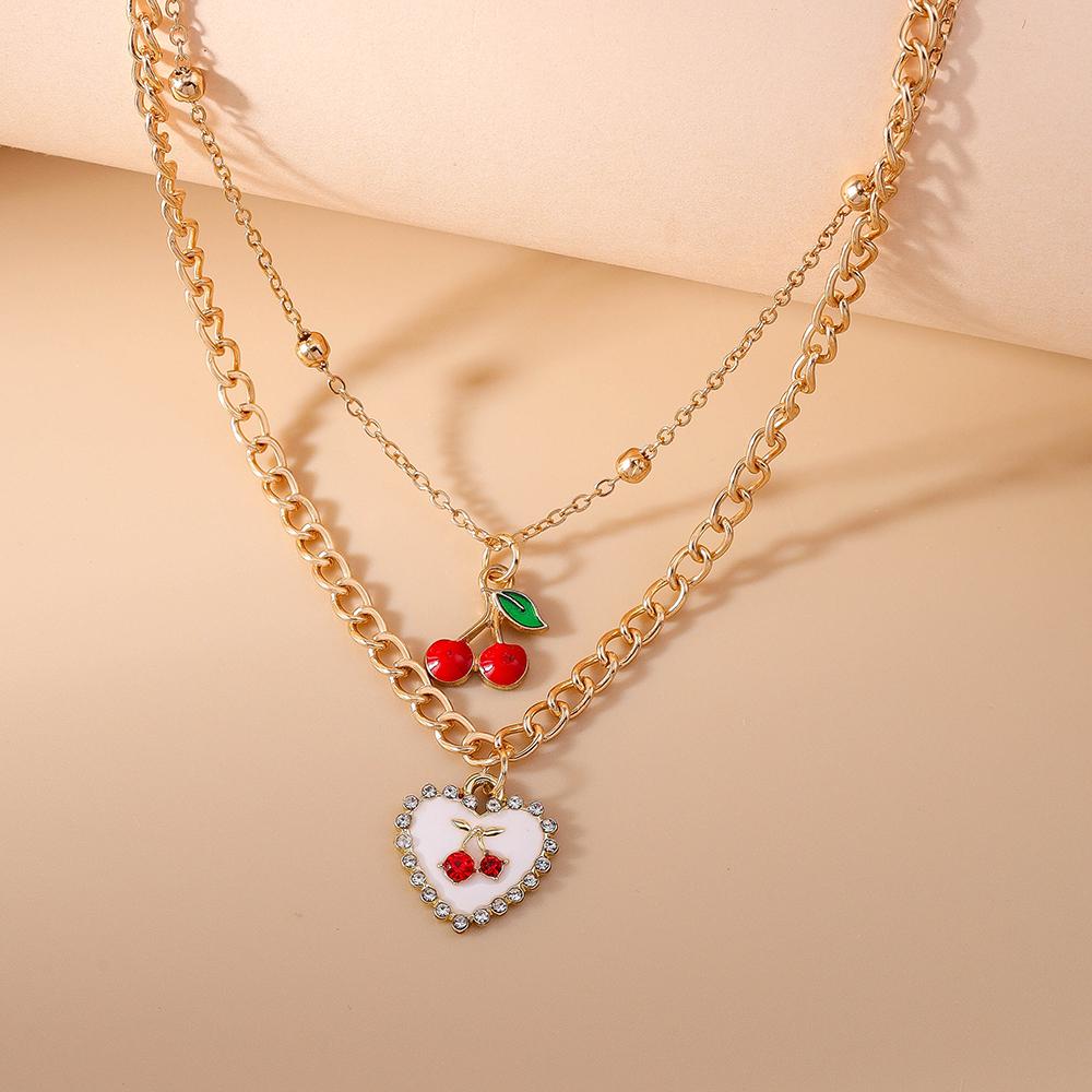 Cute Multi Layer Lover Heart Necklaces for Women Girls Cherry Pendant Necklace Chain Party Holiday Jewelry Gift