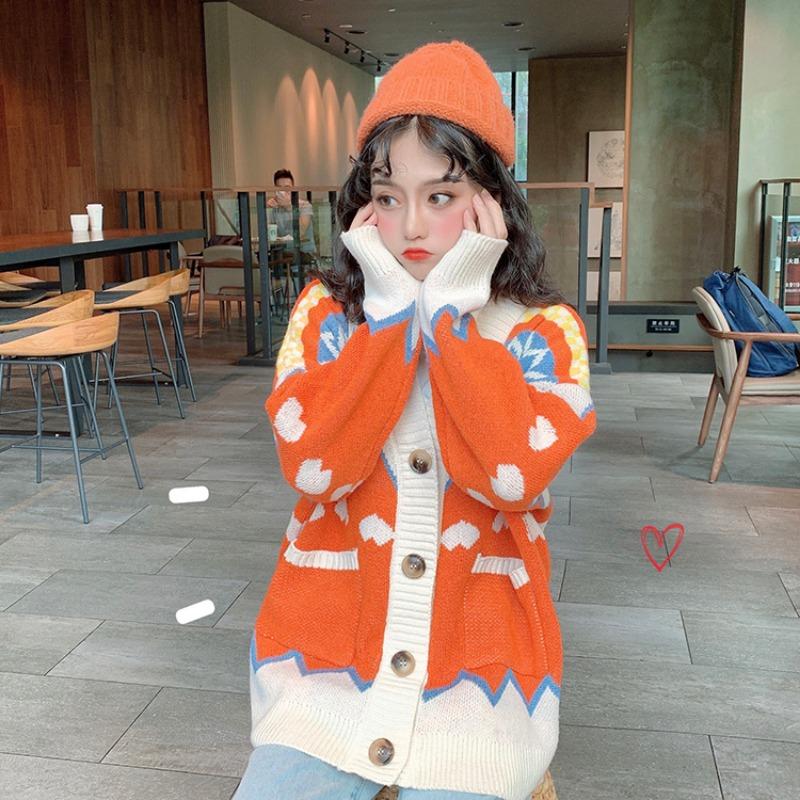 V-neck color lazy style Korean thick loose cardigan, autumn and winter new ladies gentle and cute sweater jacket 6010