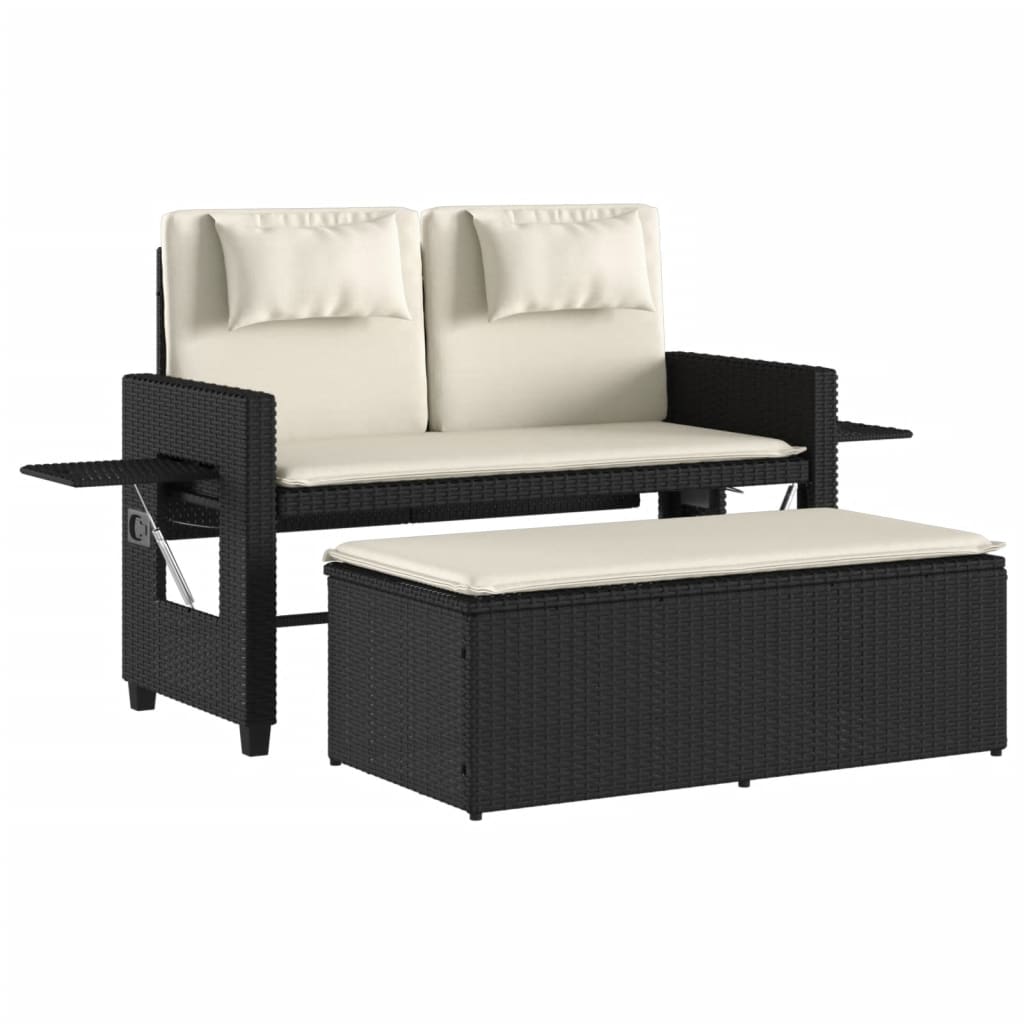 Vidaxl Folding Garden Bench With Cushions, Black, Poly Rattan