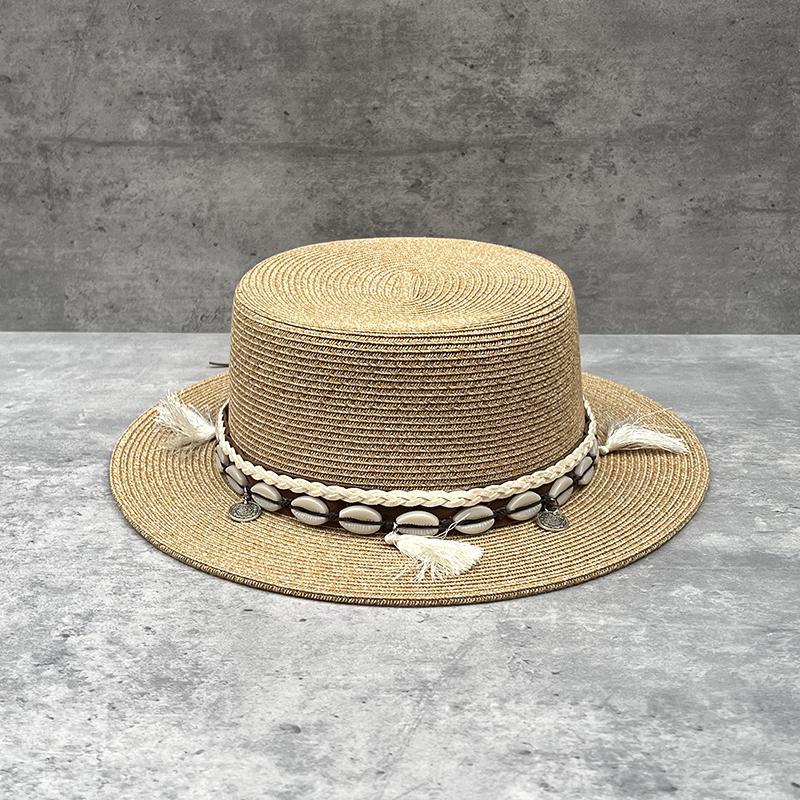 Ethnic Style Short Brim Flat Top Straw Hat Women'S Summer Travel Vacation Bohemian Flat Edge Visor Top Hat