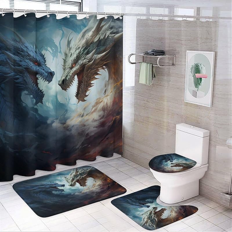 Balkabağı Kartalı Duş Perdesi Setleri Halılarla 4 Parça, Banyo Tuvalet Banyo Paspası için Dekor, 3D Baskı, Mavi Soyut Yabani Hayvan Vatansever Kuş Polyester