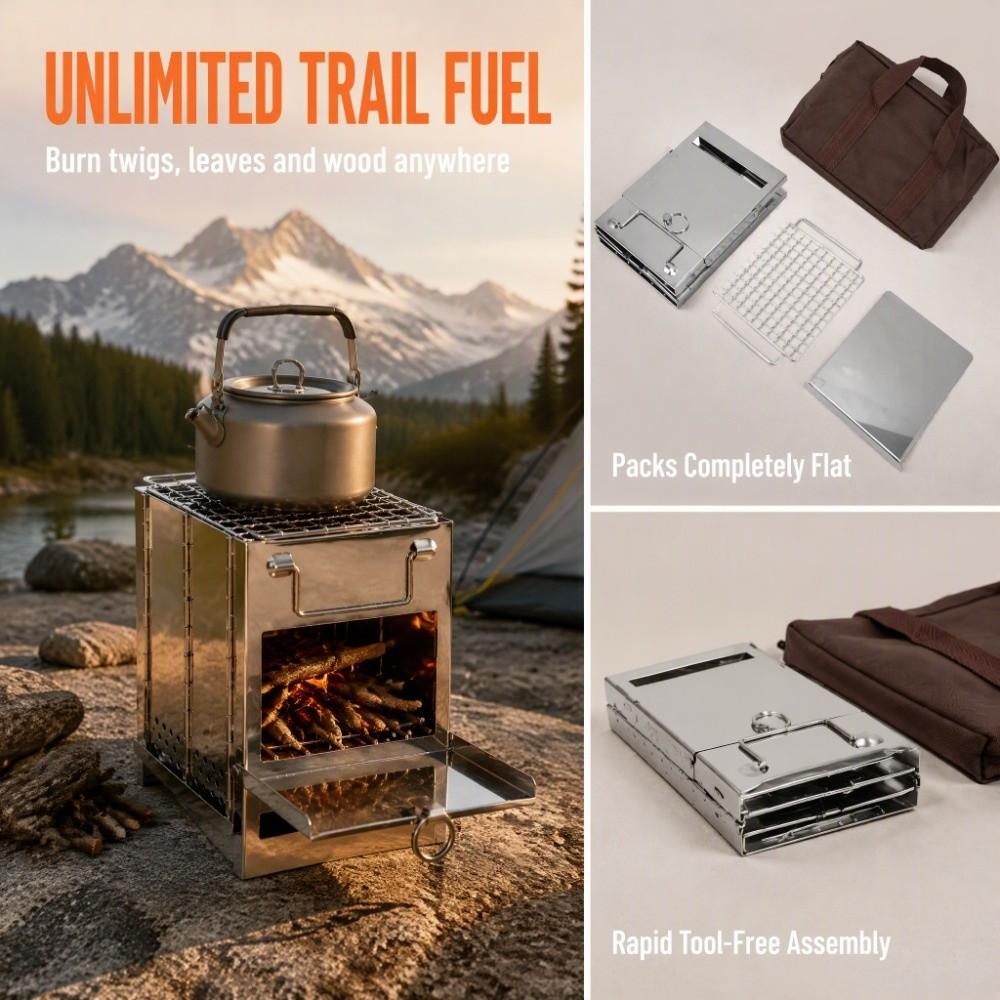 With Grill Camping Wood Stove Folding Box Stove Portable Wood Burning Stove  Hiking