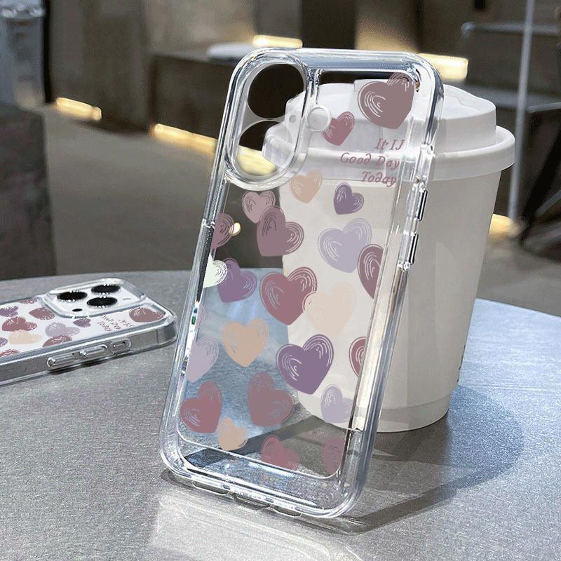 For iPhone 16 Pro 15 14 Plus 13 12 Mini 11 Pro Max Xs Xr 8 7 Shockproof Love Hearts Pattern Silicone Soft Slim Transparent Lens Protection Case Cover