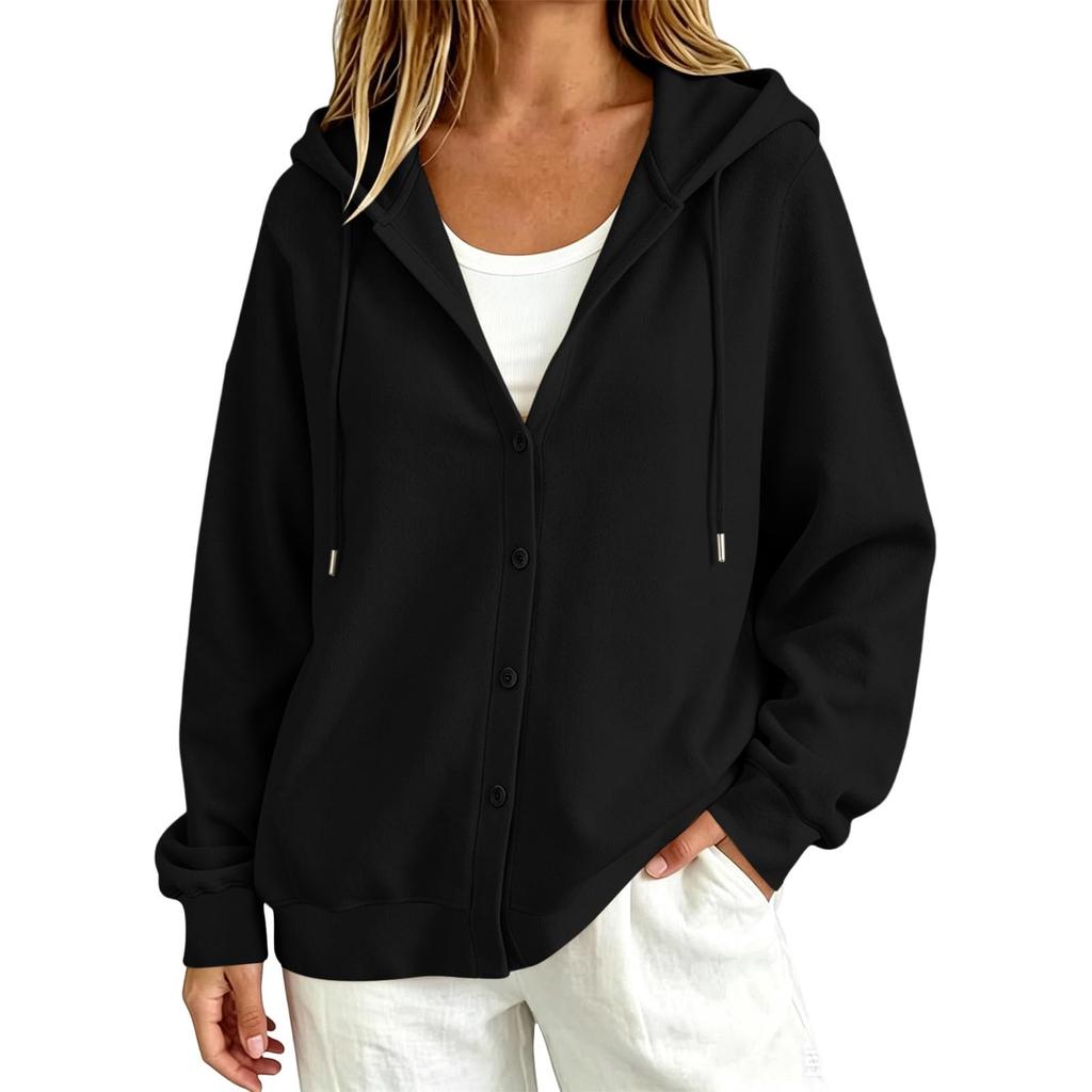 Women's Casual Color Hooded Long Sleeve Button Front Loose Fit Jacket for Daily Wear