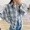 Women Long Sleeve Blue Plaid Shirt Vintage Oversized Loose Fit Blouse for Woman