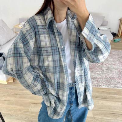 Camicia a quadri blu a maniche lunghe da donna, camicetta vintage oversize dal taglio ampio per donna
