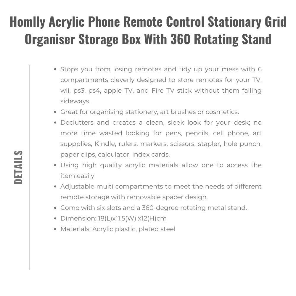 HOMLLY Acrylic Phone Remote Control Grid Organiser Storage Box With 360 Rotating Stand
