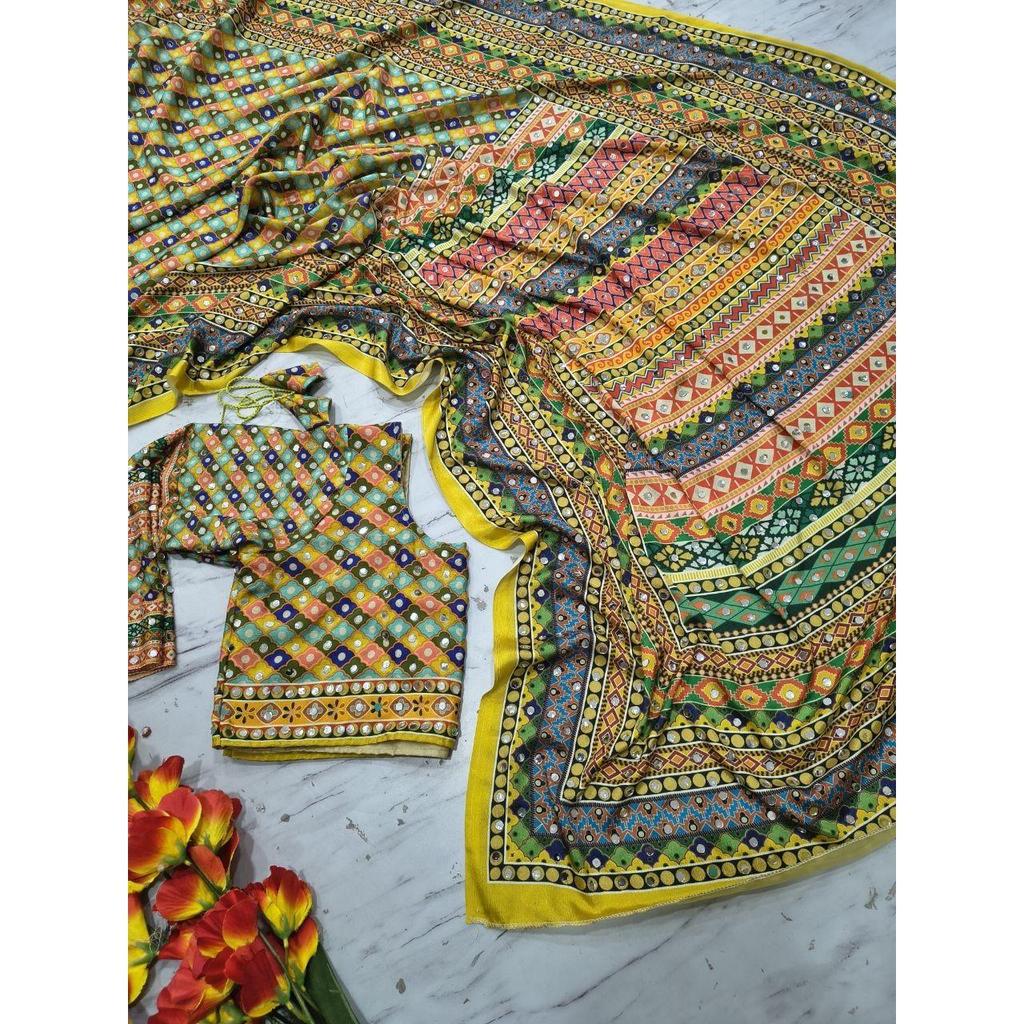 New Launch – Premium Chinon Silk Saree with Elegant Real Mirror Work Collection