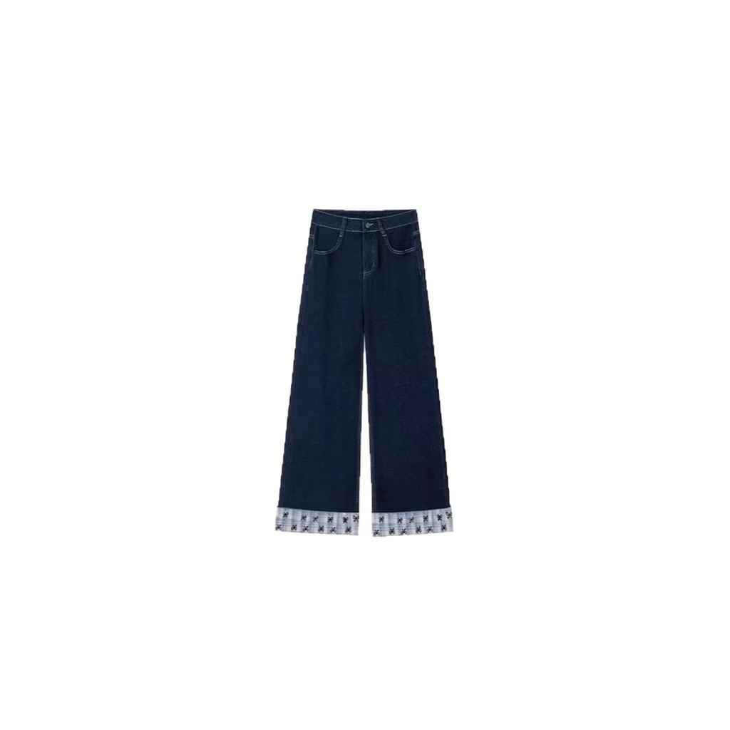 American plaid splicing jeans women's autumn new high-waisted loose and thin straight wide-leg trousers