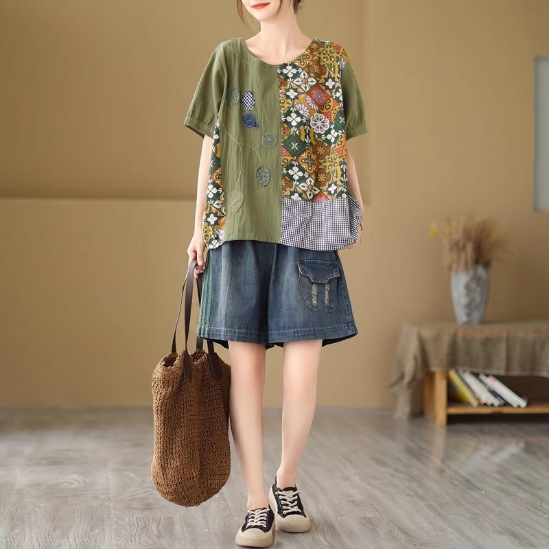 DIMANAF 2024 Verão Plus Size Mulheres Camisetas Estampa Floral Elegante Manga Patchwork Tops Tees Solto Casual Camisa de Linho 91688