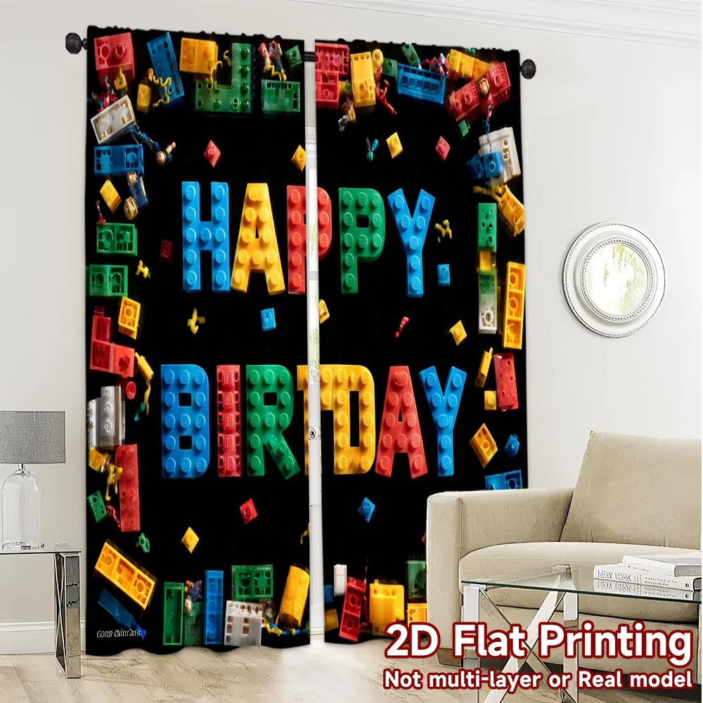 2pcs   2D FLAT PRINTING Curtains (Without Rod) Birthday Blocks(1) Chic Curtains&Window Treatment Machine Washable Fabric Curtains