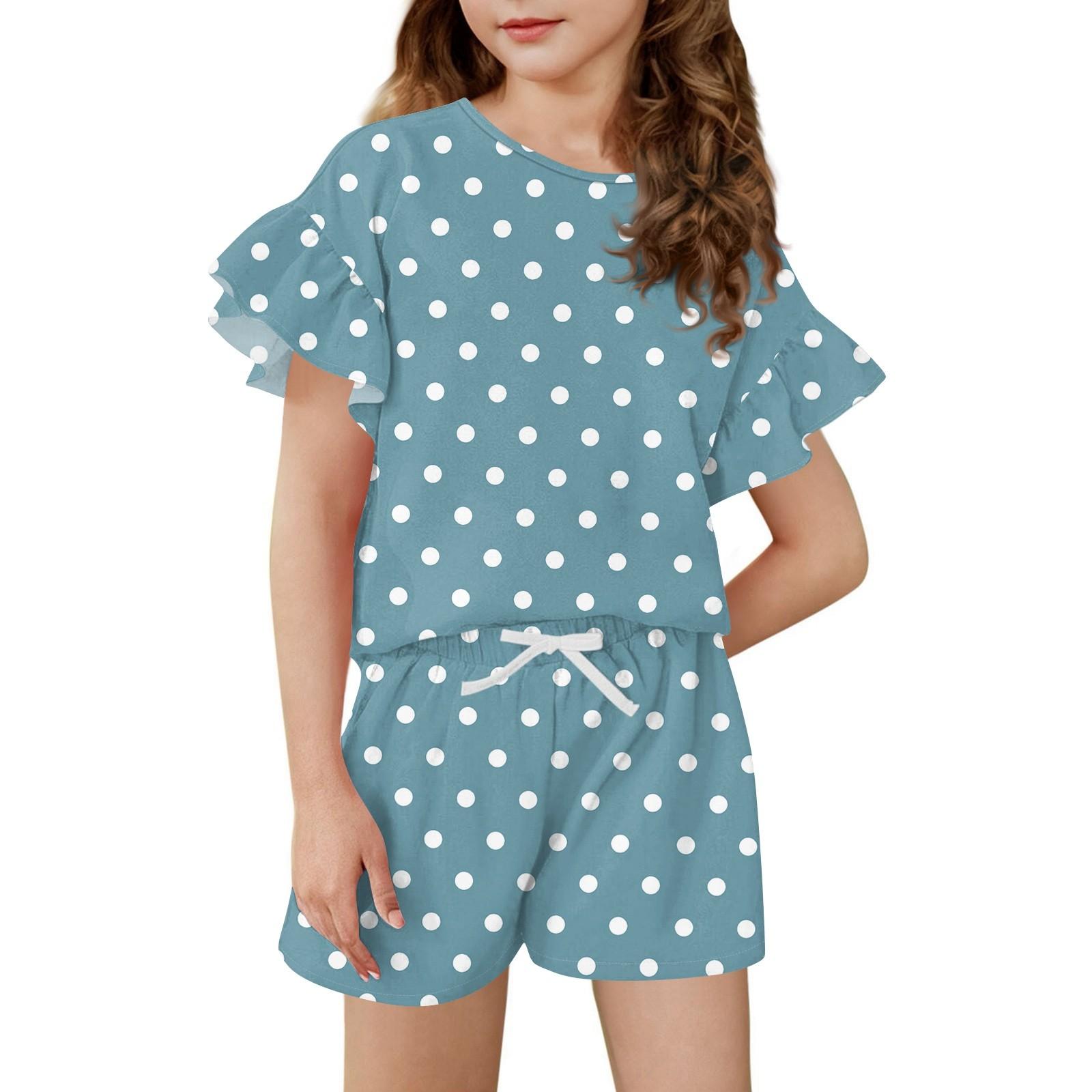 

Girls Summer Outfit Ruffle Sleeve Top And Shorts Clothing Set Lightweight Casual Two Piece 150 синий