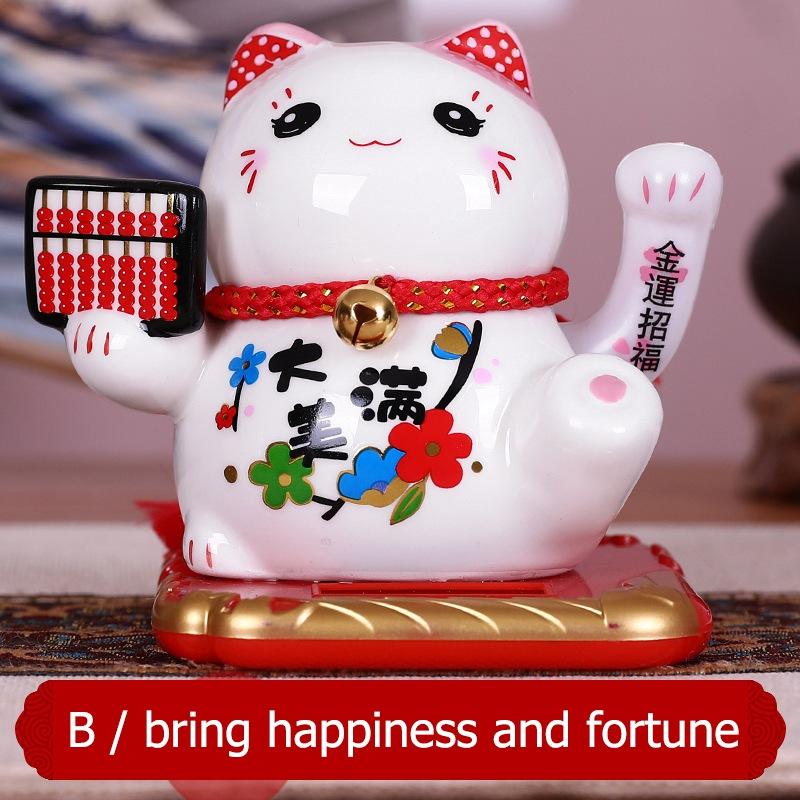 Ceramic Lucky Cat Ornament Maneki Neko Beckoning Fortune Cat Home Car Decoration Gift Wealth Waving Arm Cat Solar Powered