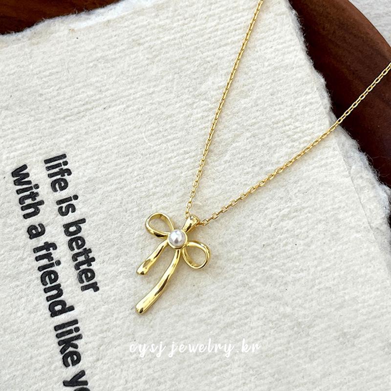 Cui Yan S925 Sterling Silver Korean Bow Pearl Necklace - 2025 Trendy Sweet Clavicle Chain for Women