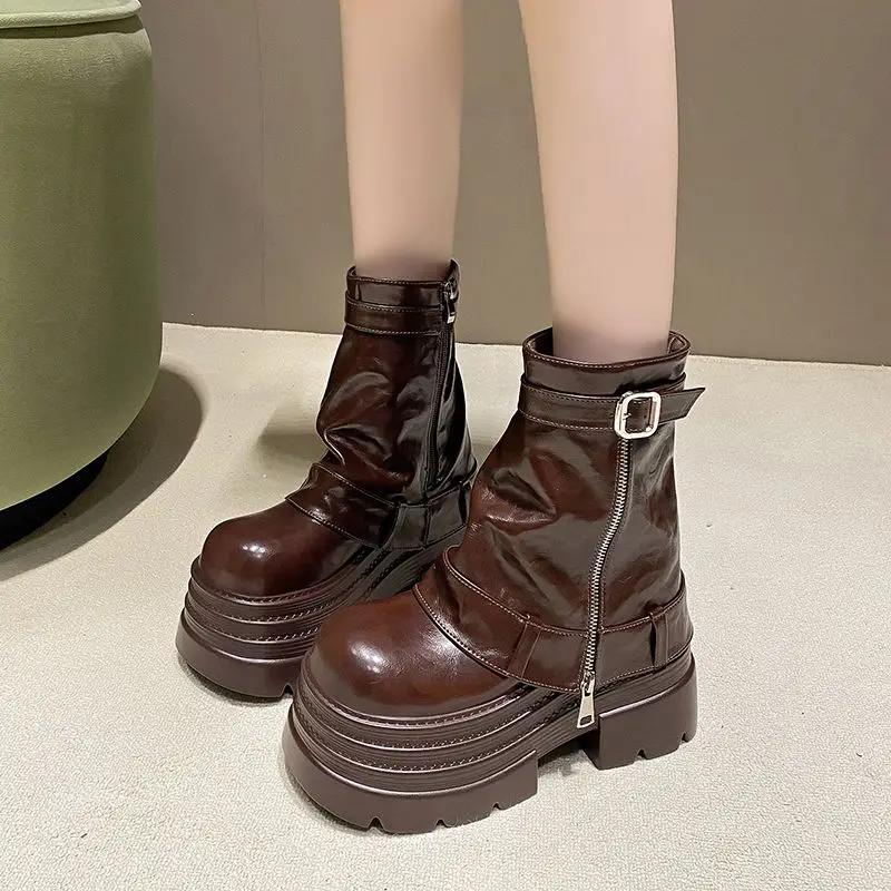 Fashion 10cm Pigskin Leather Winter Autumn Ankle Booties Fashion ZIP Women Moccasins Platform Wedge Chimney Plush Spring Shoes