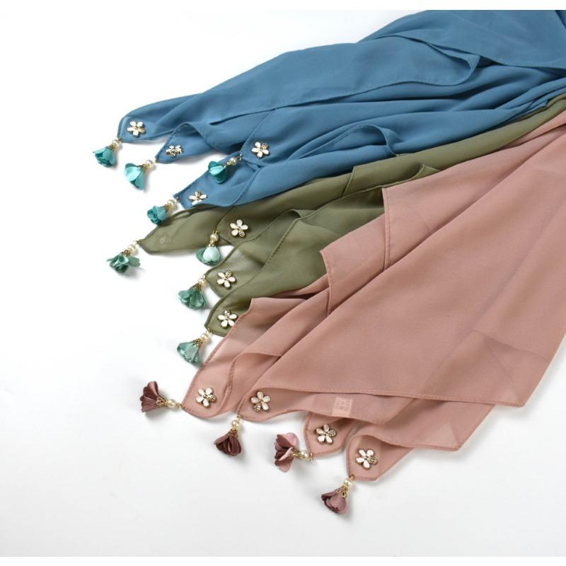 Pure Color Pearl Chiffon Square Scarf For Women Ins Style