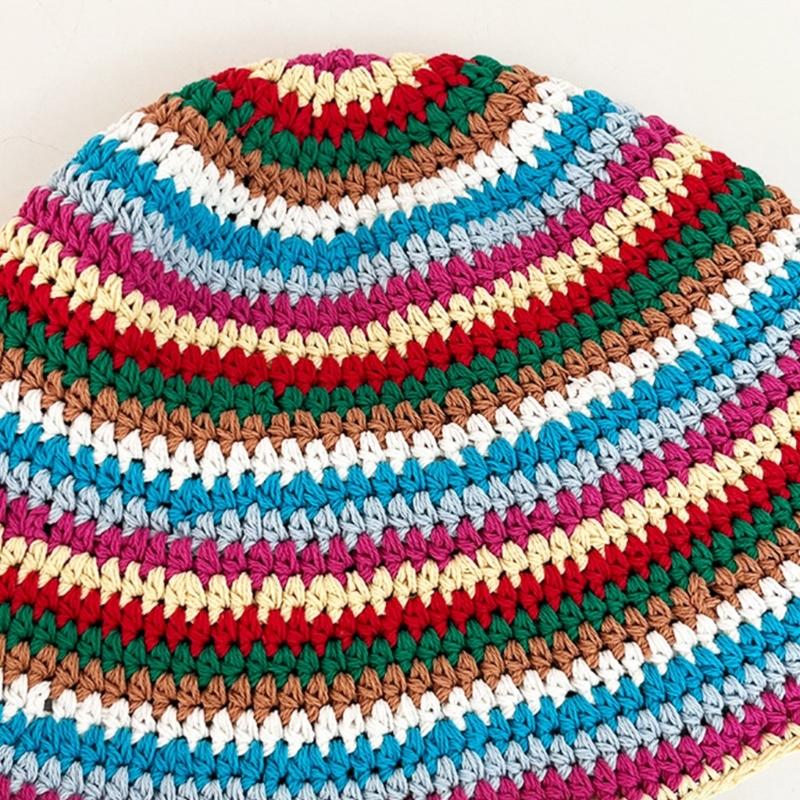Summer Fisherman Hat for Woman Weaving Bucket Hat Crochet Stripe Pattern Cap