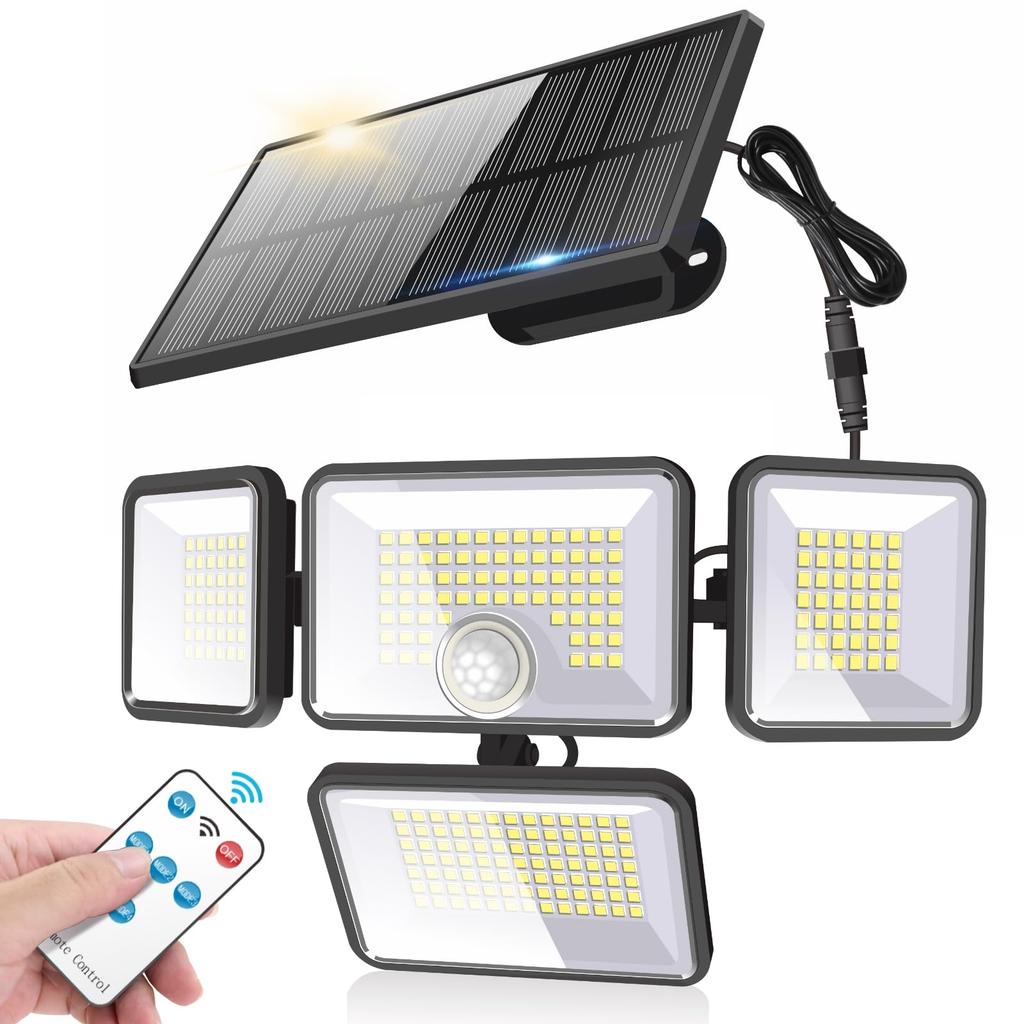 Solar Sensor Light, IndoorOutdoor, Separate, 4-Sided Lighting, 360° Adjustable Angle, 4 Modes, 3000 Lumens, 5M Cable, IP65 Waterproof, Automatic