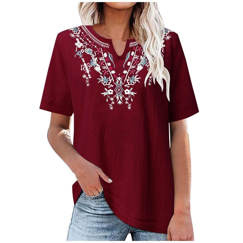 Cotton And Linen Embroidered Shirt V-Neck Color Women's Artistic Loose Fitting Short Sleeved Summer