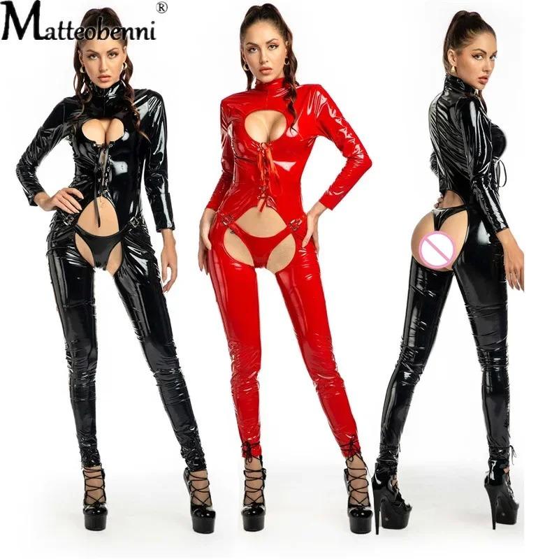 Women Sexy Hollow Out Latex Catsuit PVC Faux Leather Wetlook Jumpsuit Hot Exotic Costume Lingerie PU Bodysuit Clubwear Overalls