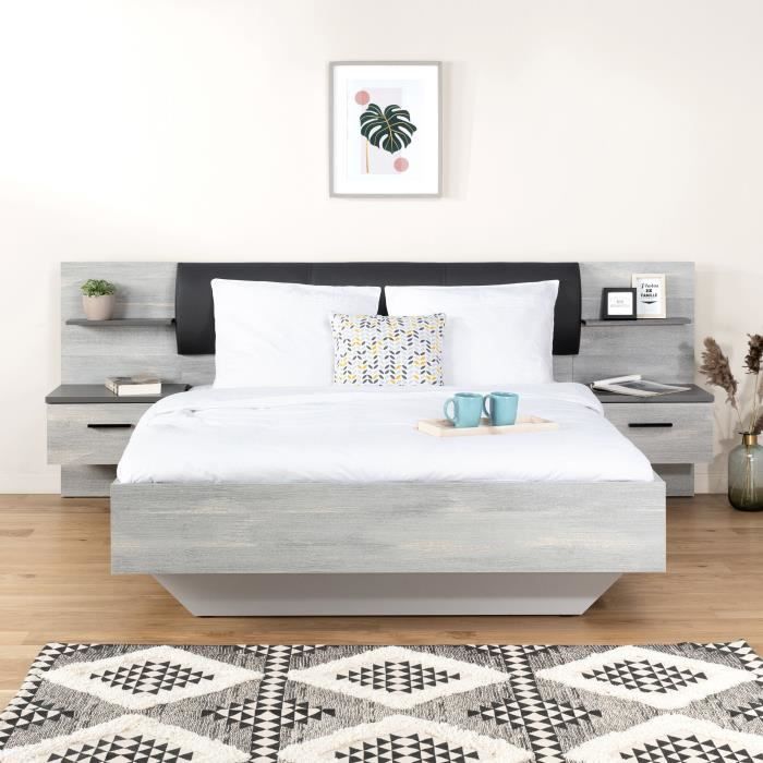 LEONARD Lit adulte 140 x 190 cm + 2 Chevets et Tête de lit en simili - Décor chêne - L 195,7 x P 235,5 x H 90,5 cm
